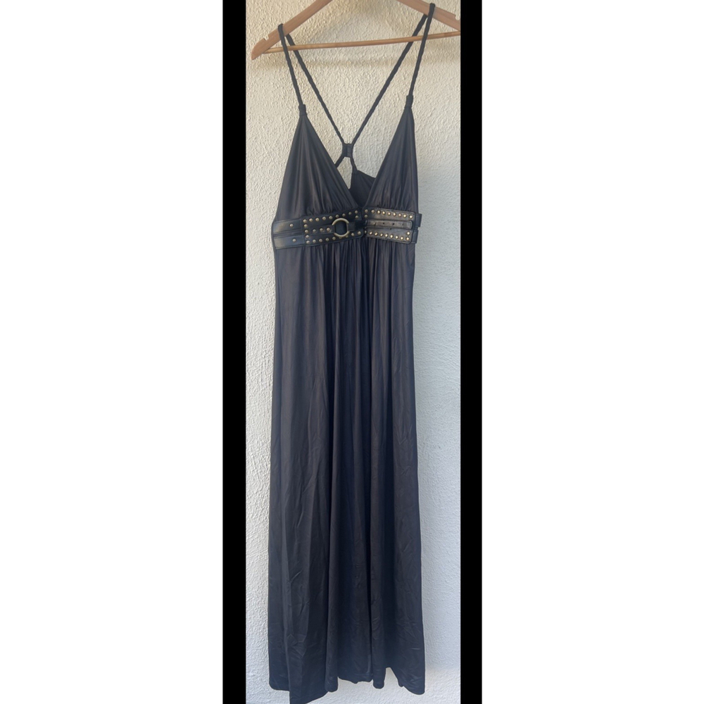 VTG Y2K Black Maxi Dress Satin Studded Belt Gothic Boho Renaissance Avant Garde